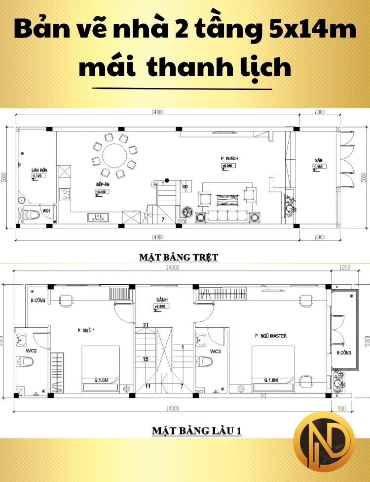 Mẫu nhà 2 tầng 5x14m mái thanh lịch