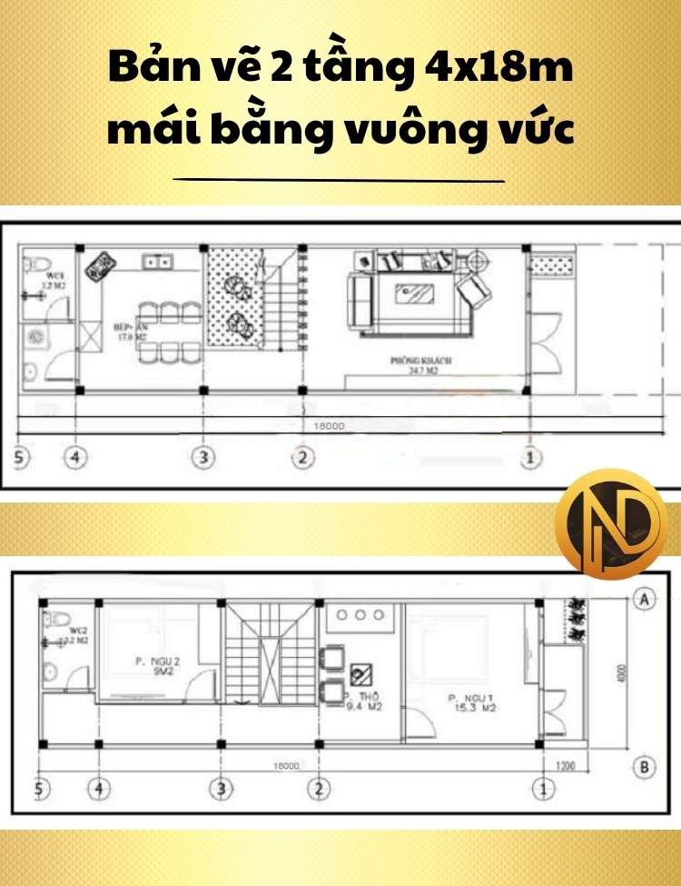 Mẫu nhà 2 tầng 4x18m mái bằng vuông vức