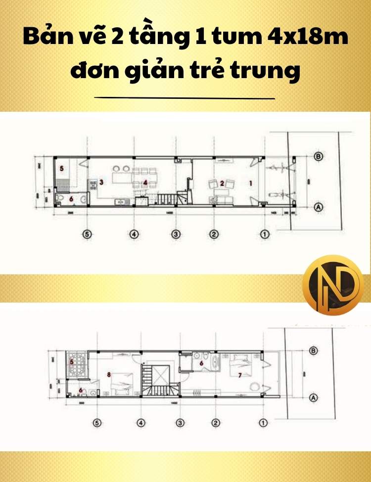 Mẫu nhà 2 tầng 1 tum 4x18m đơn giản trẻ trung