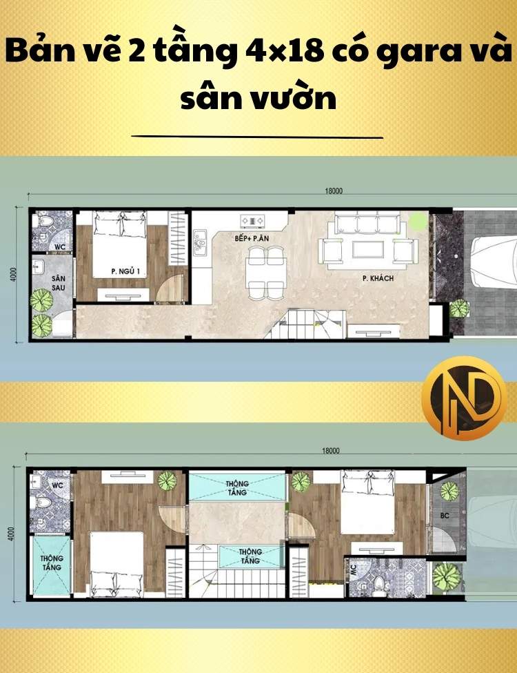 Mẫu nhà 2 tầng 4×18 có gara và sân vườn