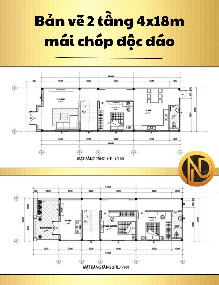 Mẫu nhà 2 tầng 4x18m mái chóp độc đáo