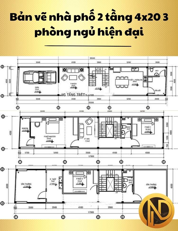 Thiết kế nhà phố 2 tầng 4x20 3 phòng ngủ hiện đại