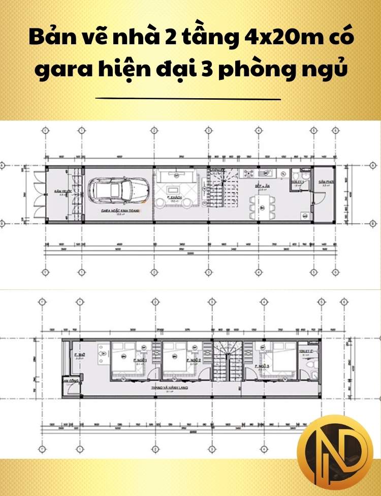 Mẫu nhà 2 tầng 4x20m có gara hiện đại 3 phòng ngủ