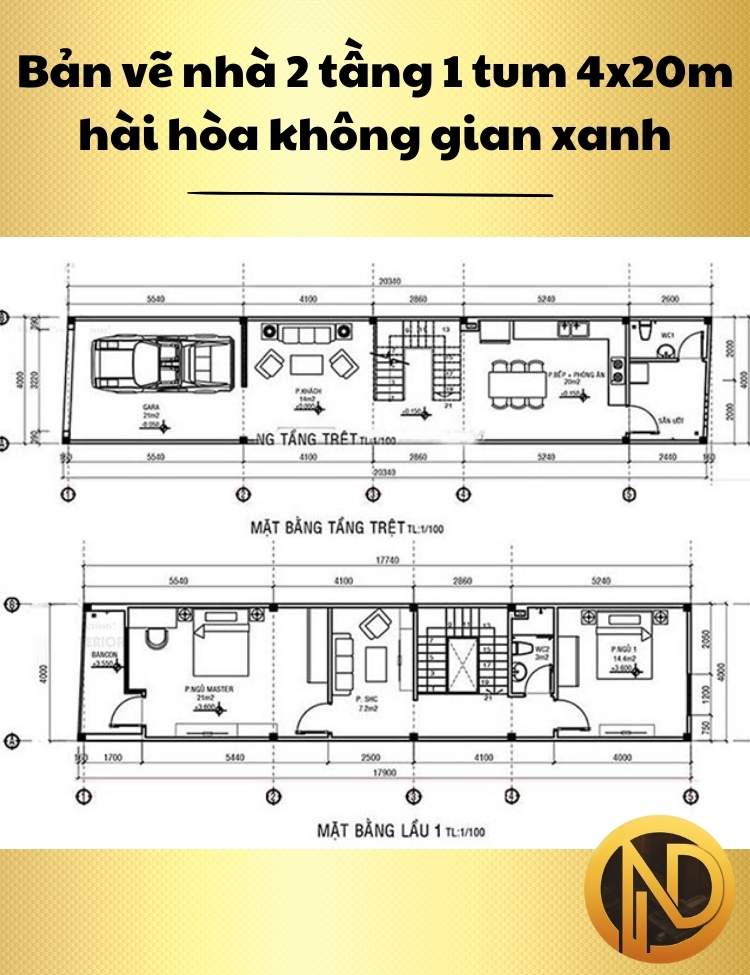 Mẫu nhà 2 tầng 1 tum rộng 4x20m 3 phòng ngủ hài hòa không gian xanh