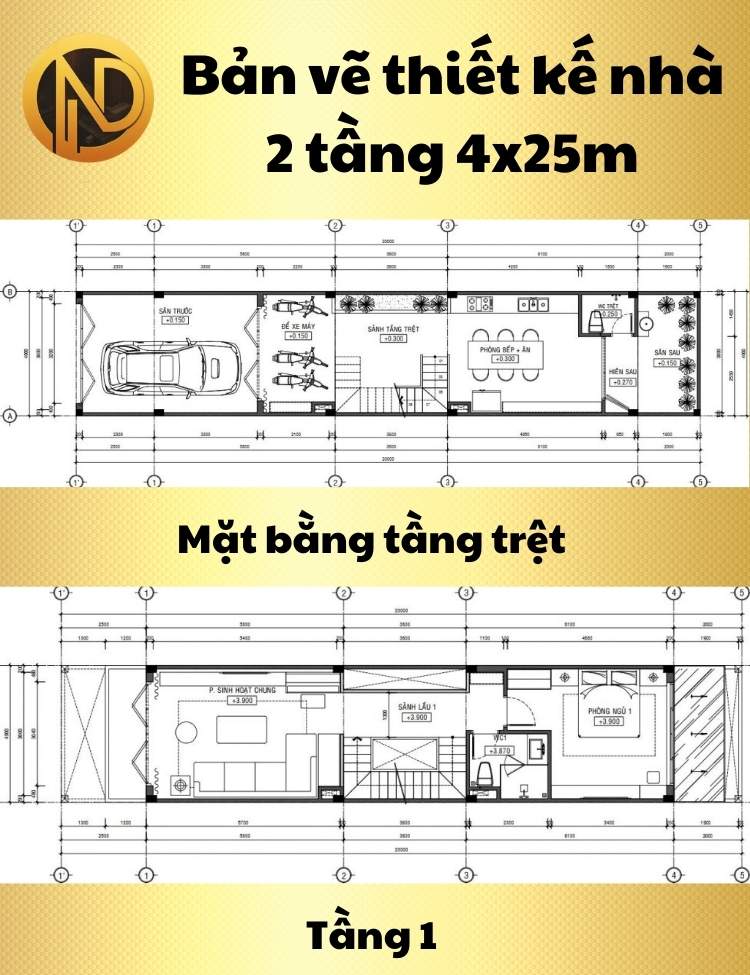 Bản vẽ thiết kế nhà 2 tầng 4x25m