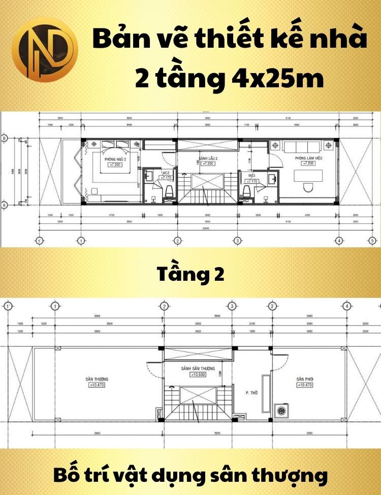 Bản vẽ thiết kế nhà 2 tầng 4x25m