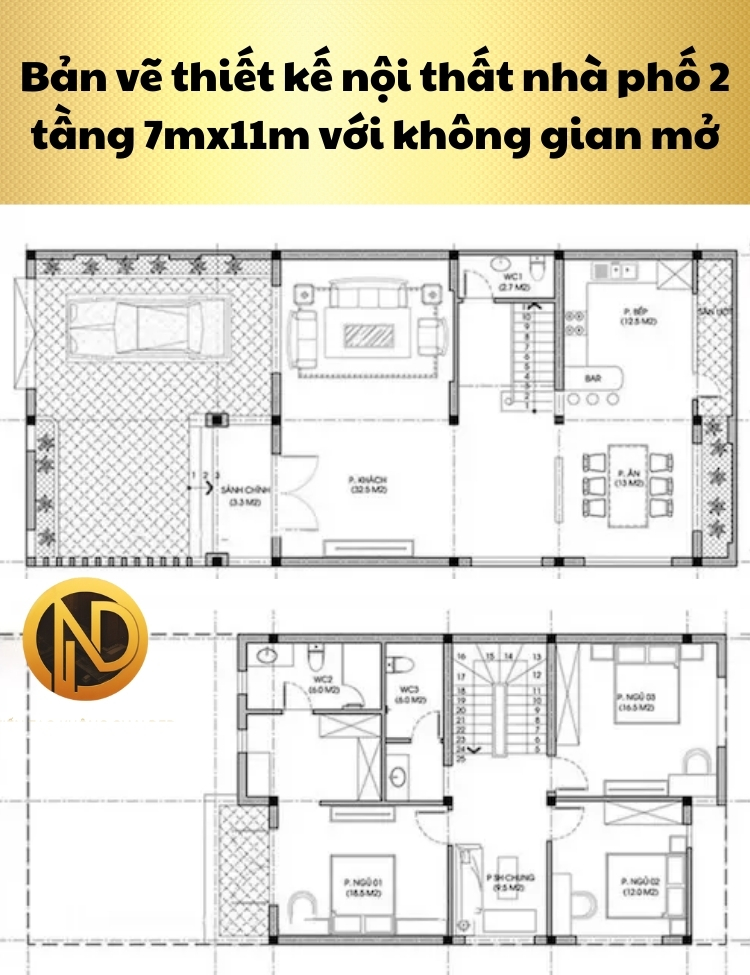 Mẫu nhà phố 2 tầng 7mx11m với không gian mở