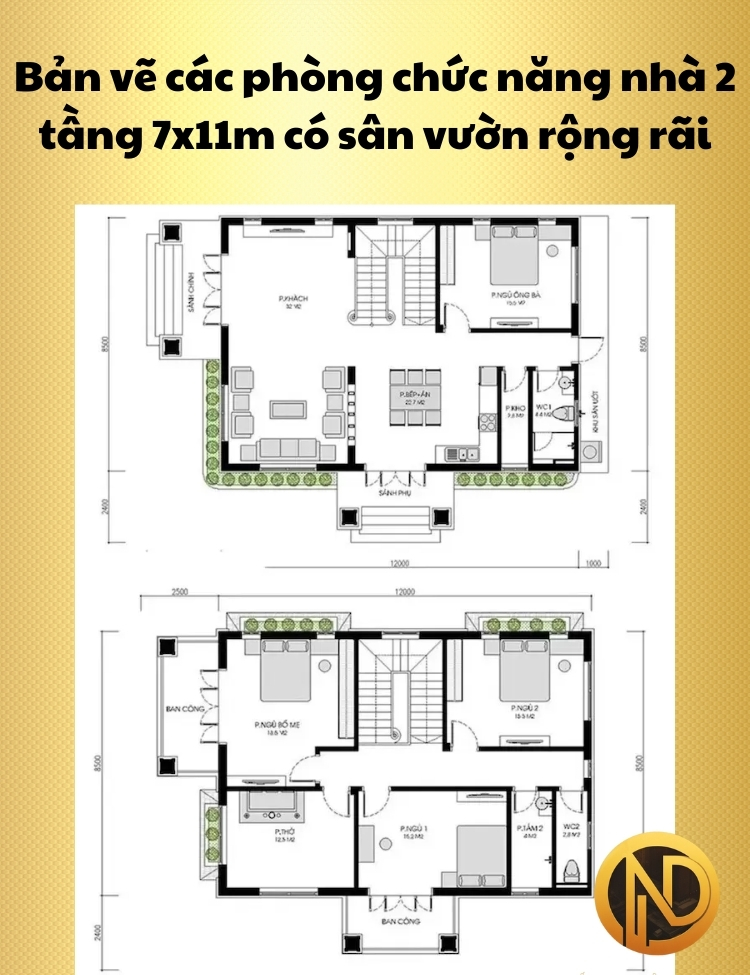 Bản vẽ nhà 2 tầng 7x11m có sân vườn rộng rãi