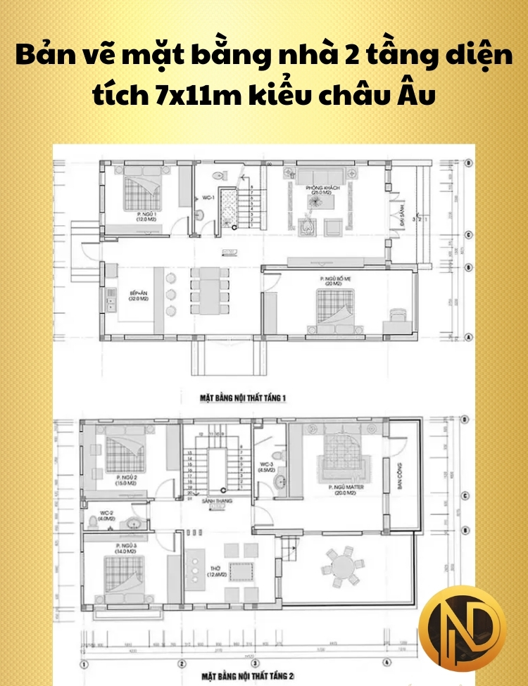 Bản thiết kế nhà 2 tầng diện tích 7x11m kiểu châu Âu