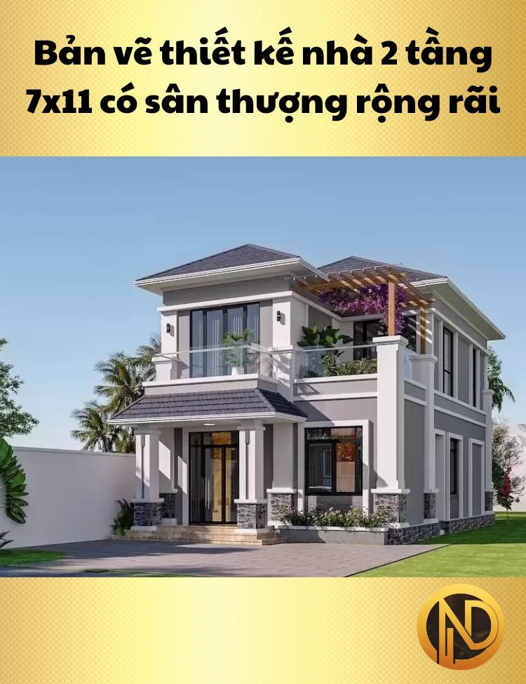 Bản vẽ thiết kế nhà 2 tầng 7x11 có sân thượng rộng rãi