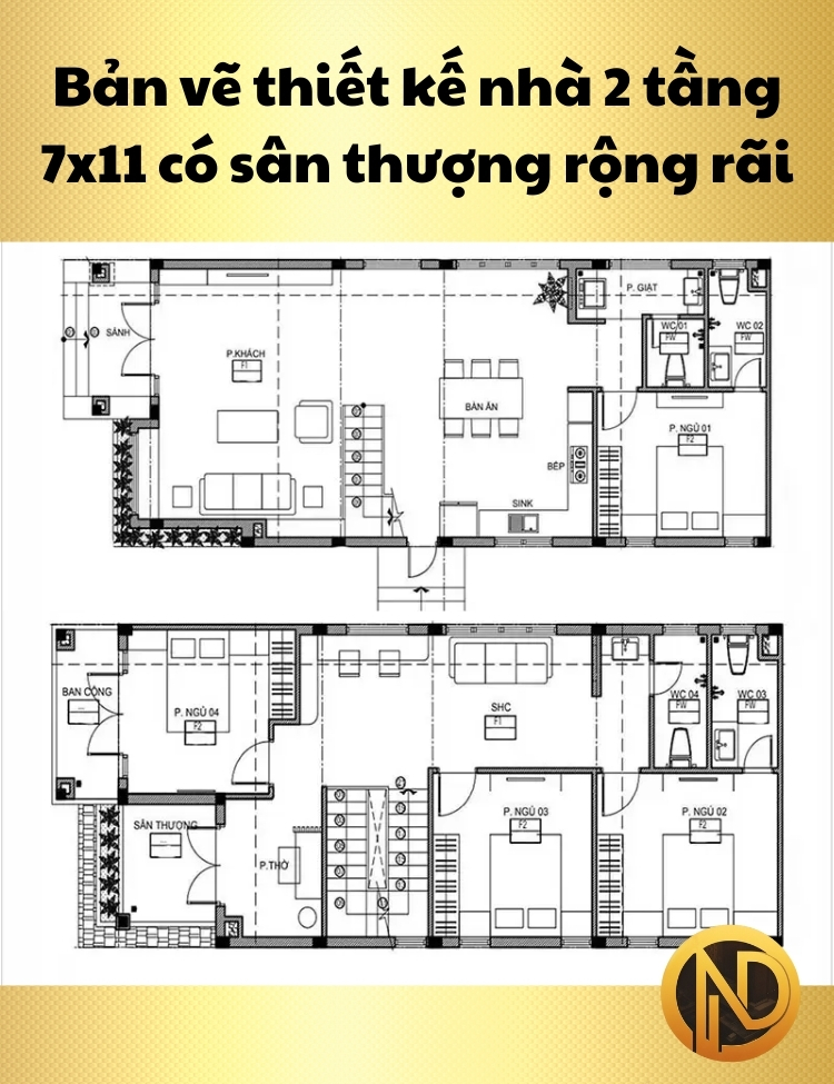 Bản vẽ thiết kế nhà 2 tầng 7x11 có sân thượng rộng rãi