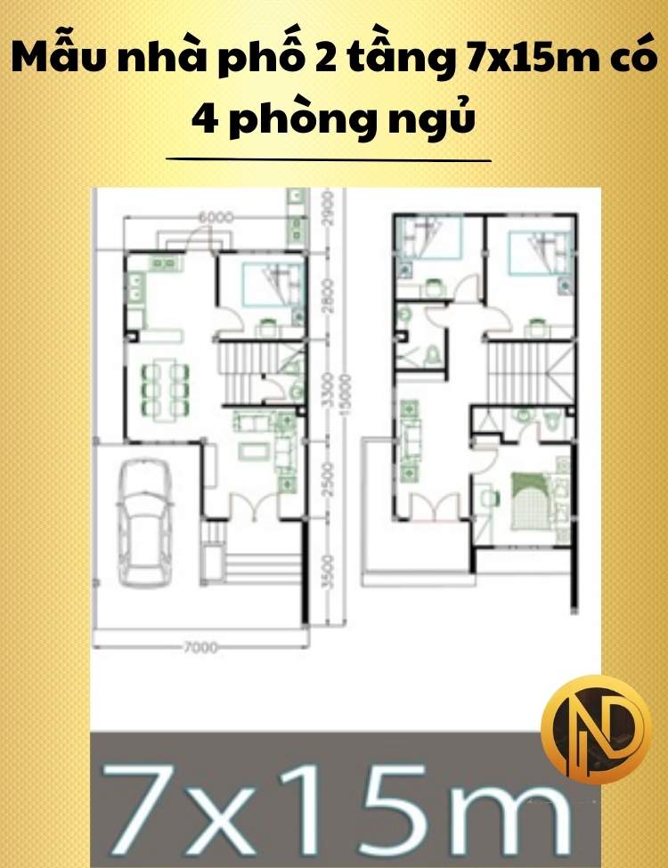 Mẫu nhà phố 2 tầng 7x15m có 4 phòng ngủ