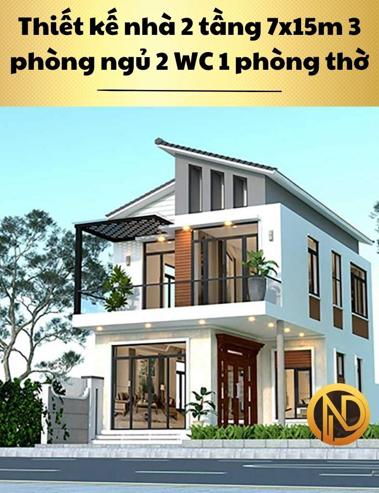 Thiết kế nhà 2 tầng 7x15m 3 phòng ngủ 2 WC 1 phòng thờ