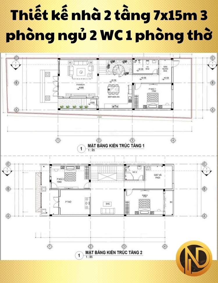 Thiết kế nhà 2 tầng 7x15m 3 phòng ngủ 2 WC 1 phòng thờ