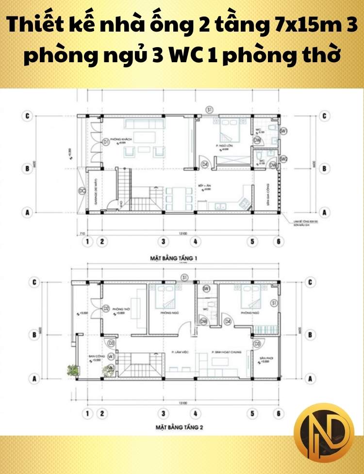 Thiết kế nhà ống 2 tầng 7x15m 3 phòng ngủ 3 WC 1 phòng thờ