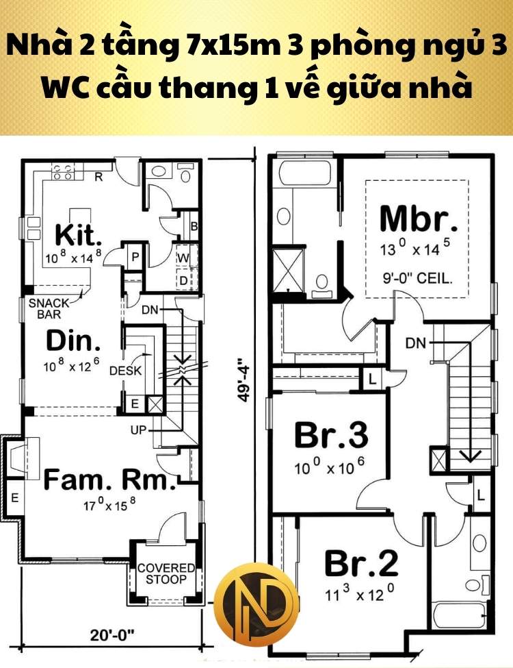 Nhà 2 tầng 7x15m 3 phòng ngủ 3 WC cầu thang 1 vế giữa nhà