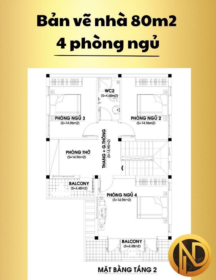 Mẫu nhà 2 tầng 4 phòng ngủ 80m2