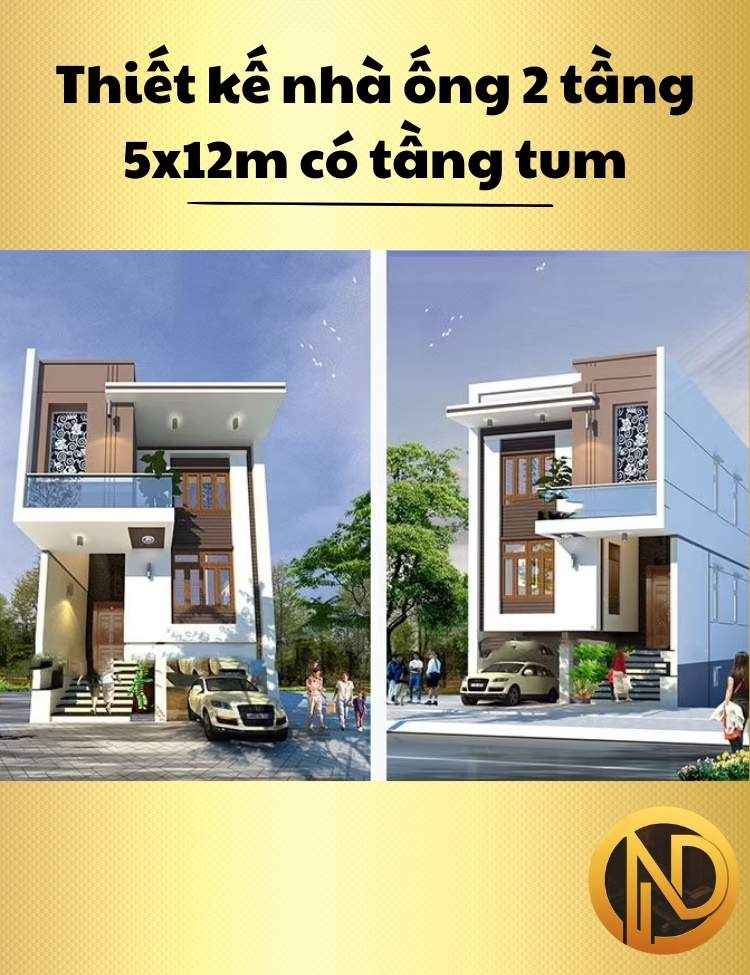 Thiết kế nhà ống 2 tầng 5x12m có tầng tum