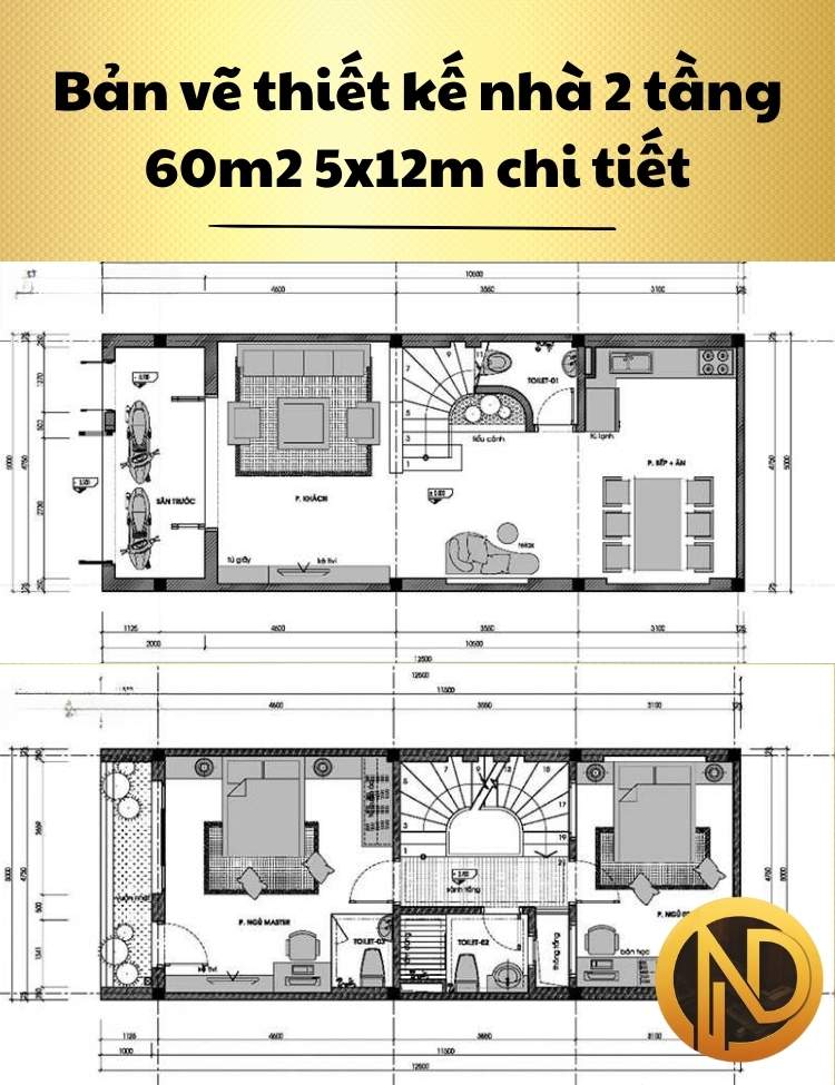 thiết kế nhà ống 2 tầng 5x12m