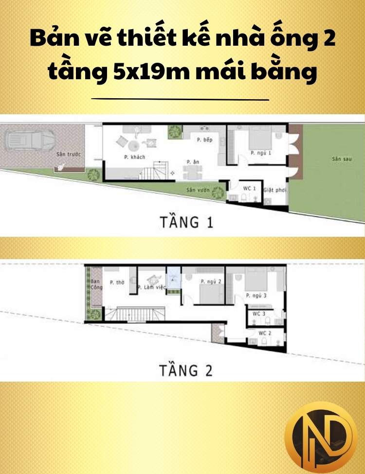 Mẫu thiết kế nhà ống 2 tầng 5x19m mái bằng