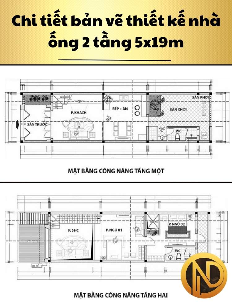 thiết kế nhà ống 2 tầng 5x19m