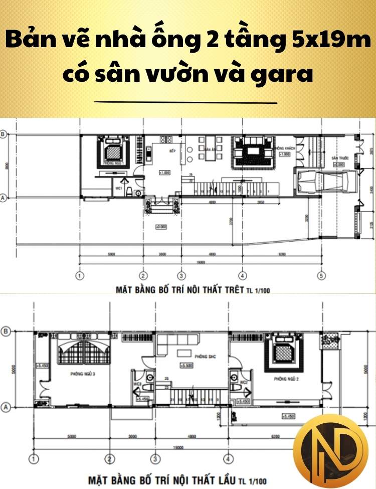 Thiết kế nhà ống 2 tầng 5x19m có sân vườn và gara