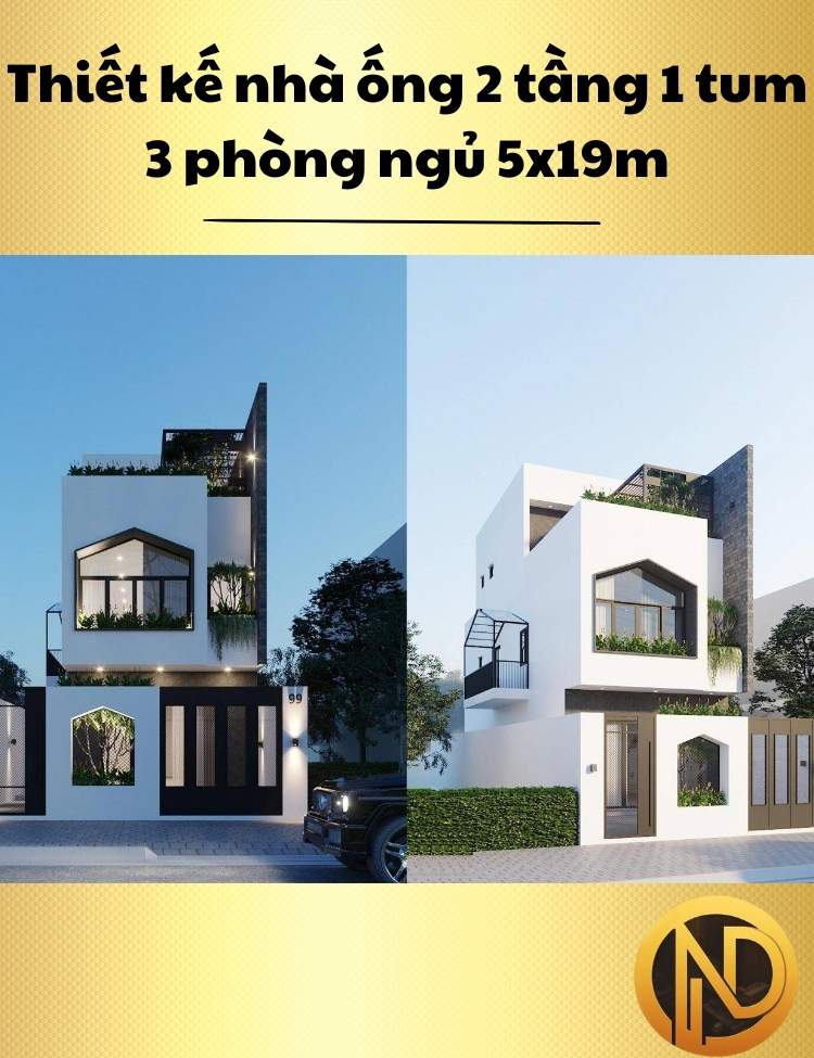 Thiết kế nhà ống 2 tầng 1 tum 3 phòng ngủ 5x19m