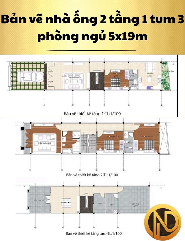 Thiết kế nhà ống 2 tầng 1 tum 3 phòng ngủ 5x19m