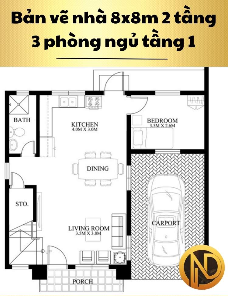 Mẫu nhà vuông 2 tầng 8x8m 3 phòng ngủ