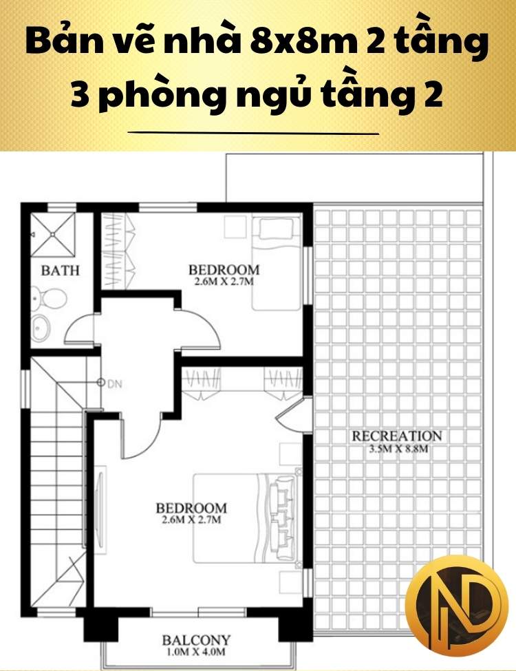 Mẫu nhà vuông 2 tầng 8x8m 3 phòng ngủ