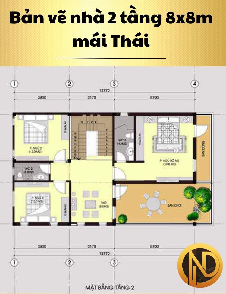 Mẫu nhà 2 tầng 8x8m mái Thái