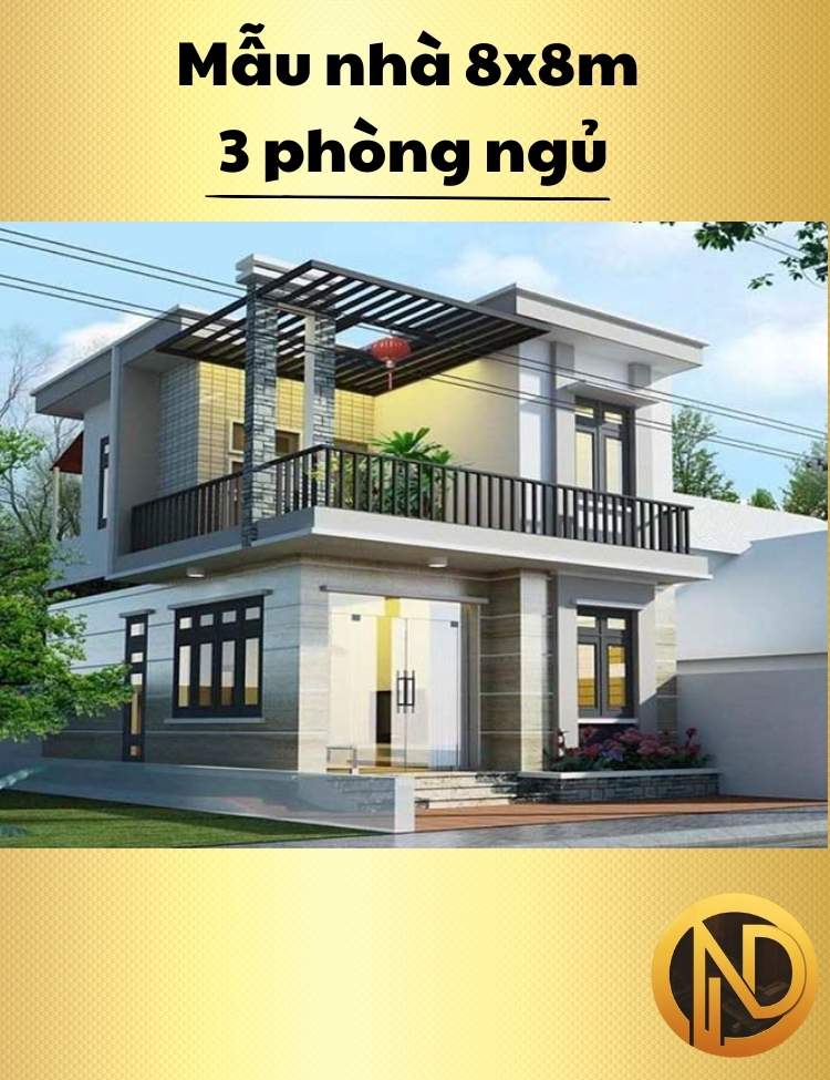 Mẫu nhà vuông 2 tầng 8x8m 3 phòng ngủ