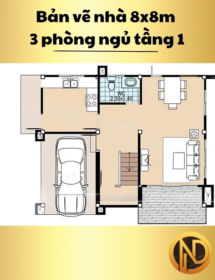 Mẫu nhà vuông 2 tầng 8x8m