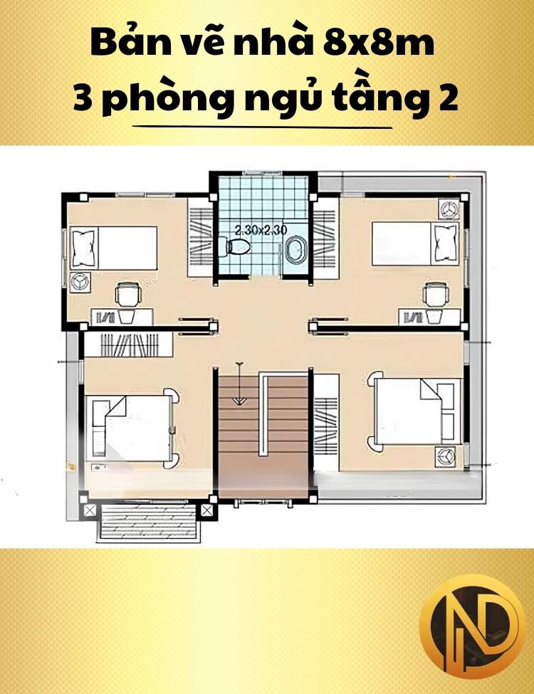 Mẫu nhà vuông 2 tầng 8x8m