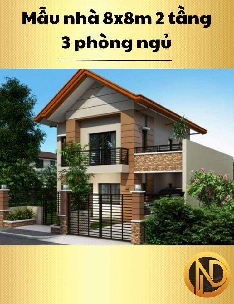 Mẫu nhà vuông 2 tầng 8x8m 3 phòng ngủ