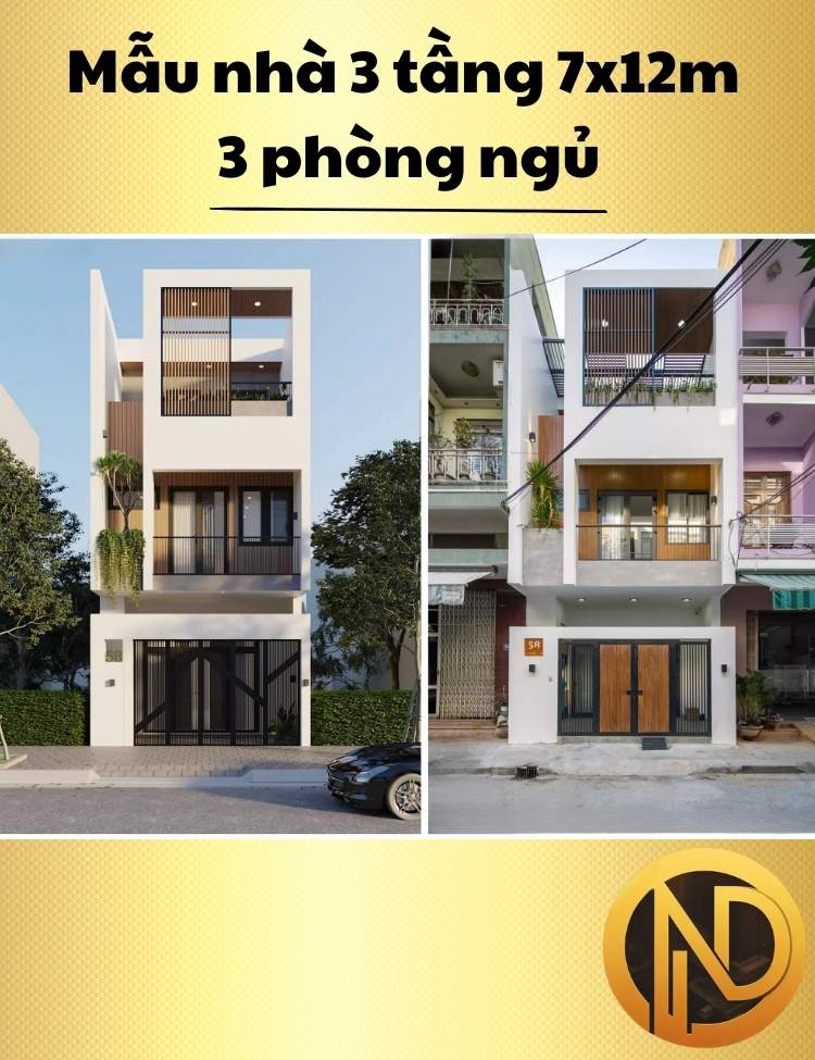 Mẫu nhà 3 tầng 7x12m 3 phòng ngủ