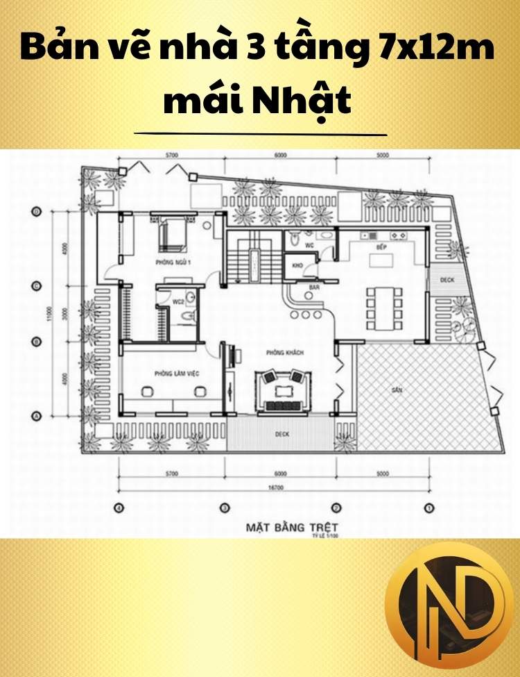 Mẫu nhà 3 tầng 7x12m mái Nhật xu hướng thiết kế hiện đại