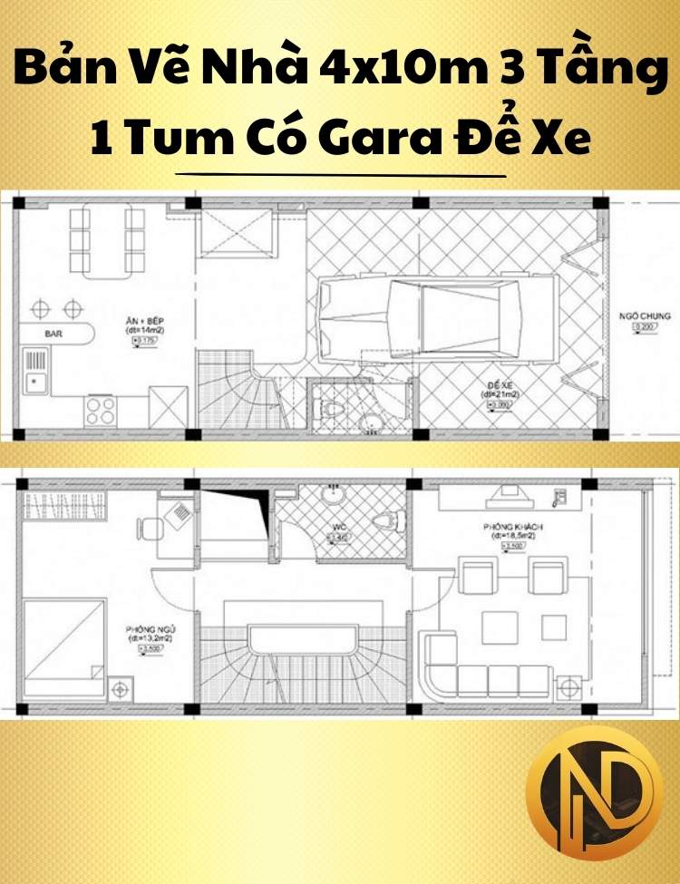 Mẫu Nhà 4x10m 3 Tầng 1 Tum Có Gara Để Xe