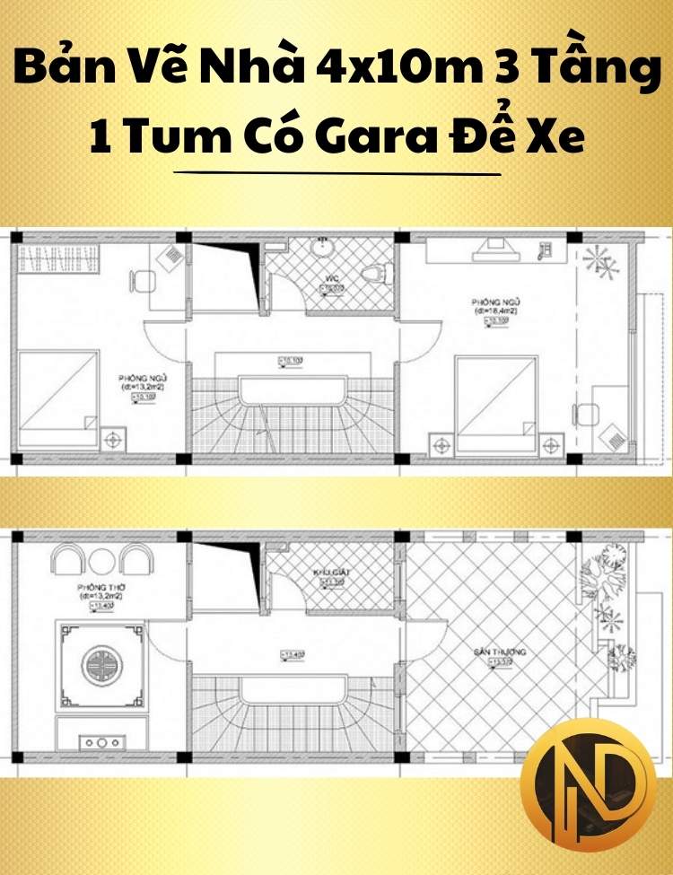 Mẫu Nhà 4x10m 3 Tầng 1 Tum Có Gara Để Xe