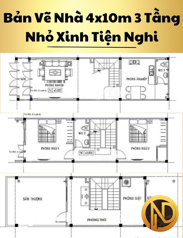 Mẫu Nhà 4x10m 3 Tầng Nhỏ Xinh Tiện Nghi