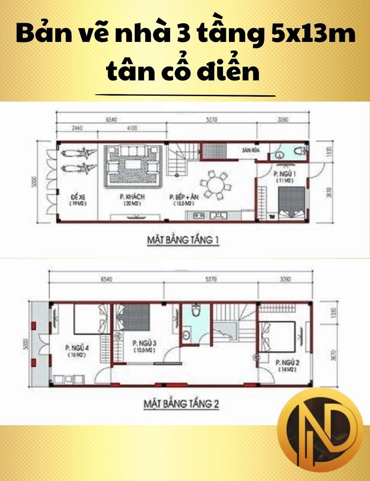 Mẫu thiết kế nhà 3 tầng 5x13m tân cổ điển sang trọng