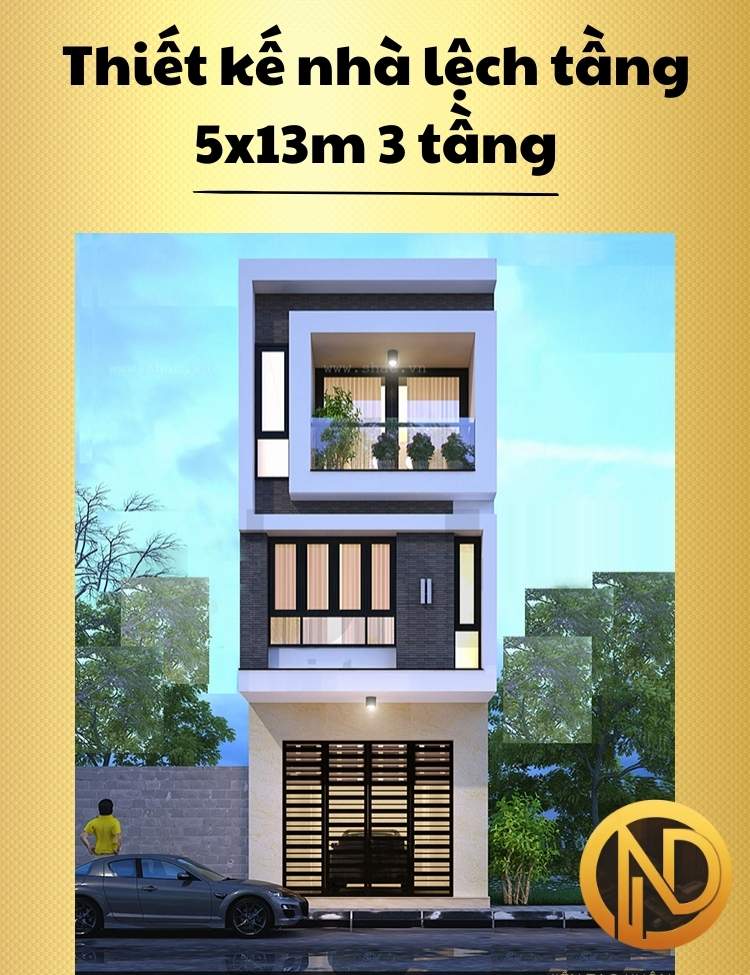 Thiết kế nhà lệch tầng 5x13m 3 tầng