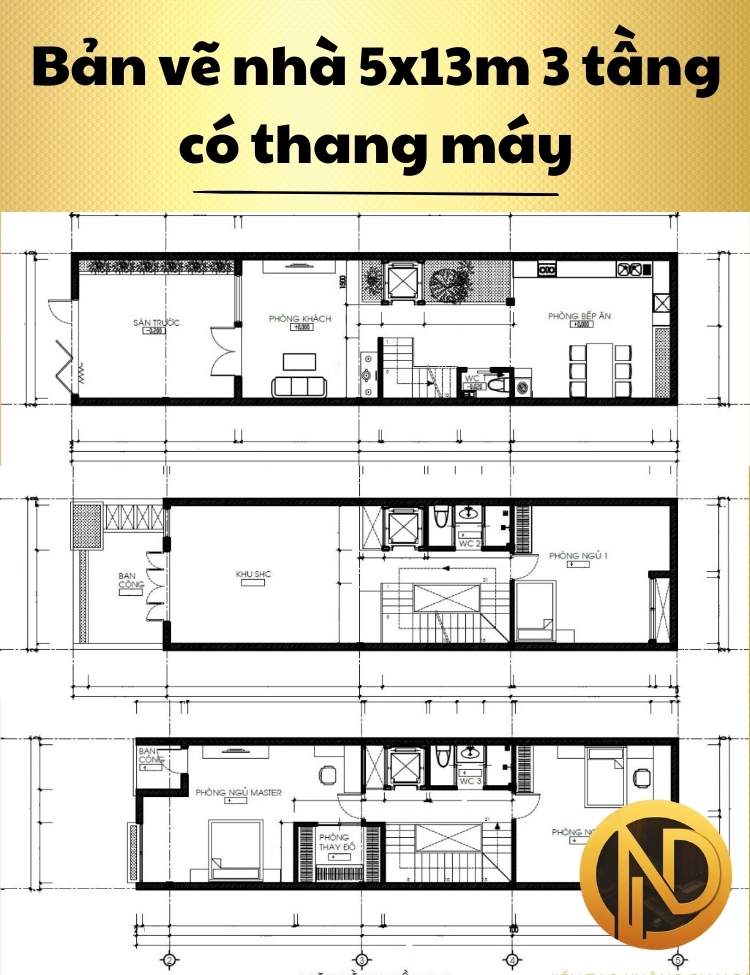 Mẫu nhà 5x13m 3 tầng có thang máy