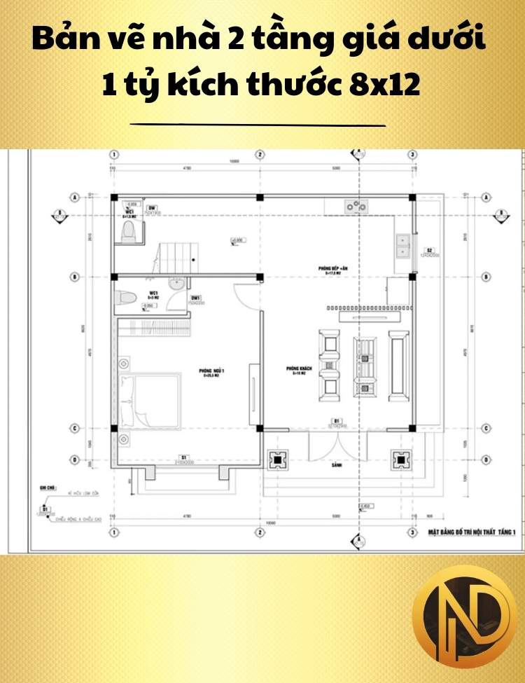 Mẫu nhà 2 tầng giá dưới 1 tỷ kích thước rộng 8m sâu 12m