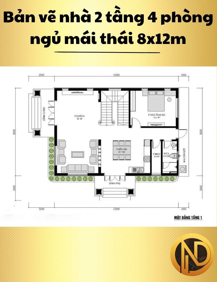 Nhà 2 tầng 4 phòng ngủ mái thái 8x12m