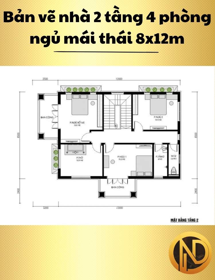 Nhà 2 tầng 4 phòng ngủ mái thái 8x12m