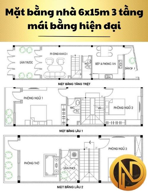 Thiết kế nhà 6x15m 3 tầng mái bằng hiện đại