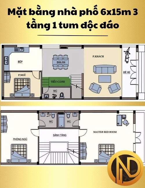 Thiết kế nhà phố 6x15m 3 tầng 1 tum độc đáo