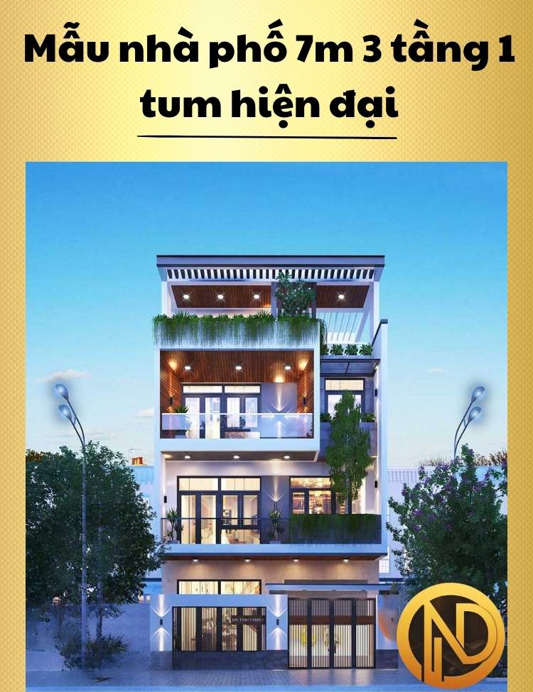 Mẫu nhà phố 7m 3 tầng 1 tum hiện đại