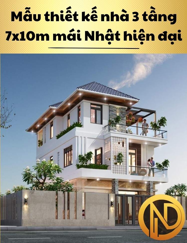 Mẫu nhà phố 3 tầng 7x10m mái Nhật hiện đại